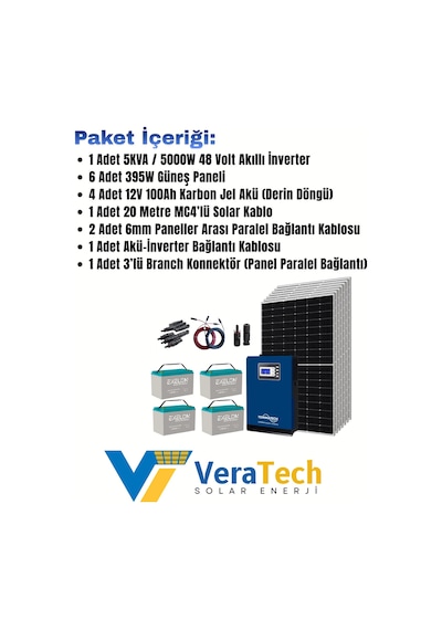 Veratech Güneş Enerjisi Bağ Evi Solar Paketi 5kva İnverter 400w Güneş Paneli 100ah Jel Akü