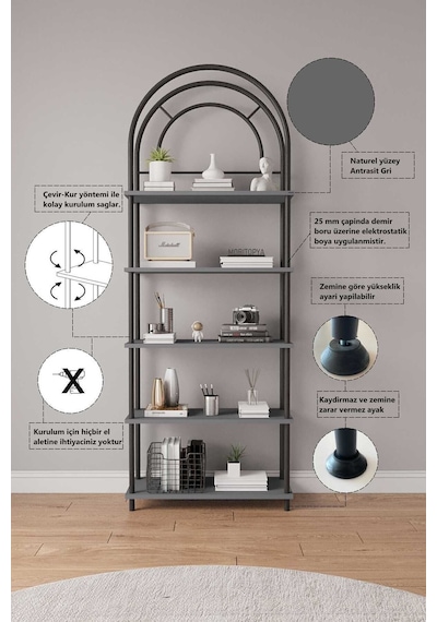 Çevir Kur Antrasit Bohem Kitaplık Çok Amaçlı, 5 Raflı, Dekoratif Dolap 199x71x29 Cm Antrasit Çevir Kur Antrasit Bohem Kitaplık Çok Amaçlı, 5 Raflı, Dekoratif Dolap 199x71x29 Cm Antrasit