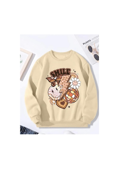 Herkesemoda Smile Baskı Detaylı Bisiklet Yaka İçi Polarlı Sweatshirt Bej