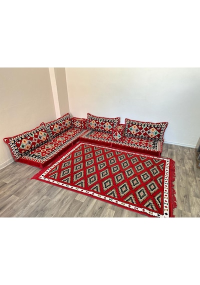 Coton Şark Köşesi Ürgüp Desenli Minder Takımı Kırmızı 9 Parça