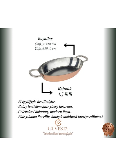 Cuvesta El Yapımı Şef Tipi Kalın 1.5mm Bakır Oval Tava 30x20cm