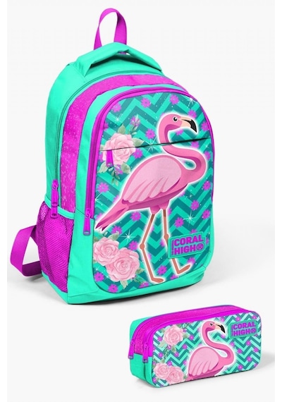 Coral High Kids Su Yeşili Pembe Simli Flamingo Desenli 2'li Okul Çanta Seti - Kız Çocuk Su Yeşili Pembe Flamingo