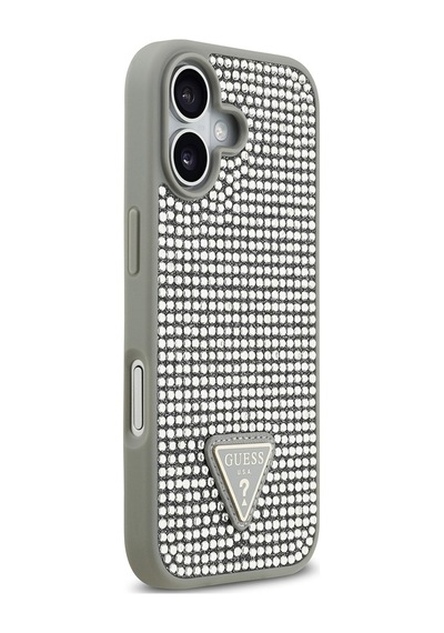 Apple Uyumlu iPhone 17 Kılıf Guess Lisanslı Taşlı Arka Yüzey Üçgen Logolu Kapak Gümüş