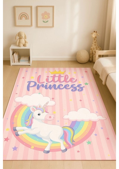 Gökkuşağı Unicorn Çocuk Odası Halısı Pembe