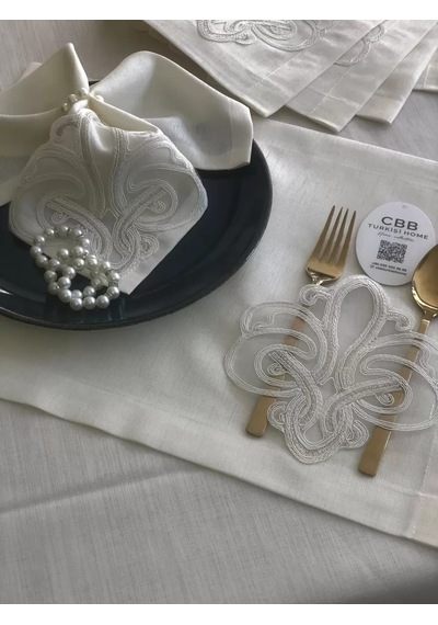 Vaveni Sofra Takımı Taç Gardenya Keten Yemek Takımı 160x260 Masa Seti 26 Parça Runner Set Krem Arz