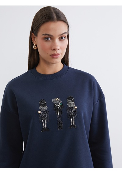 Lcw Modest Lacivert İşlemeli Kadın Kalın Sweatshirt Tunik