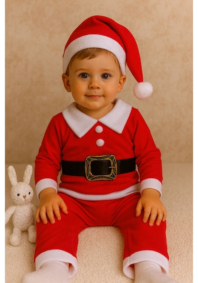 Bilge Trend Erkek Çocuk Yılbaşı Noel Temalı , Kemerli , 3 Parça Kışlık Polar Takım , Noel Baba Kostüm Kırmızı
