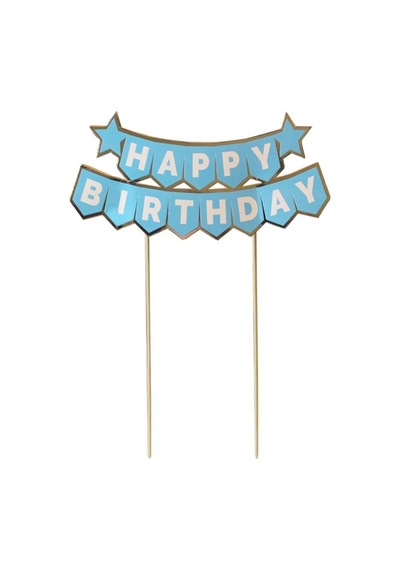 Pasta Üstü Banner Happy Birthday Mavi Gümüş
