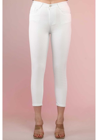 Kene Jeans Kadın Beyaz Yüksek Bel Keten Esnek Dar Paça Pantolon Beyaz