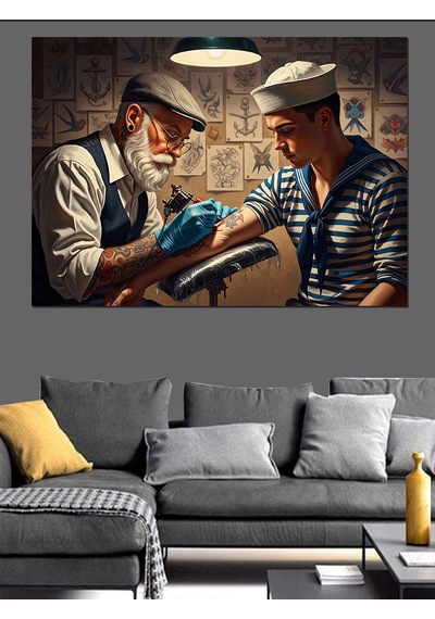 Ahşap Tablo Dövme Yapan Yaşlı Denizci Sanatçı Yiyecek Ve İçecek Tabloları