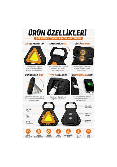 Şarjlı Cob Led Çalışma Lambası Type-c Şarjlı Usb Powerbank Mıknatıslı Askılı Katlanabilir Standlı Ka Çok Renkli