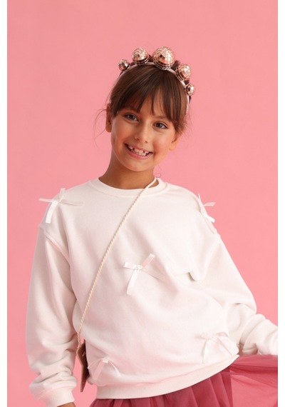 Le Mabelle Ekru Fiyonk Detaylı Uzun Kollu Kız Çocuk Sweatshirt Ekru
