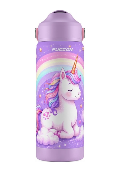 Puccon 540 Ml Unicorn Desenli Lila - Pembe Kız Çocuk Pipetli Çelik Termos Matara/suluk - 60043