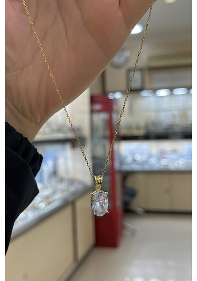Gümüş Oval 12x8 Mm 4,5 Carat Tektaş Kolye Sarı
