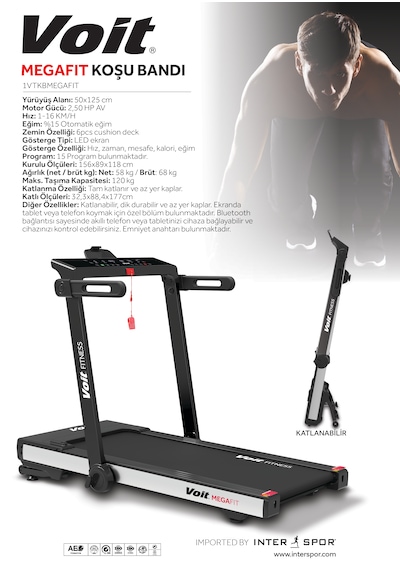 Voit Mega Fit Otomatik Eğimli 50x125 Cm Geniş Bant Koşu Bandı 16km Hız Bluetooth Uygulama Kurulum Gerektirmez