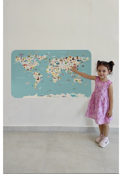 Eğitici Dünya Haritası Dünya Atlası Çocuk Ve Bebek Odası Duvar Sticker-85x130-3786 Çok Renkli