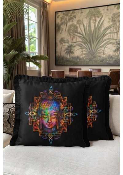 Spiritüel Zen Mandala Saçaklı Yastık Kılıfı - Meditasyon Temalı Bohem Siyah Püsküllü Kırlent Kılıfı Çok Renkli