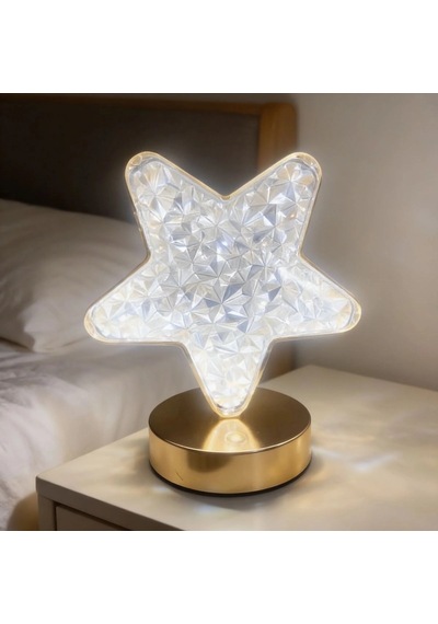 Yıldız Model Kristal Led Masa Lambası Dokunmatik, 3 Renk Işık Modlu, Şarjlı Mini Dekoratif Gece La Çok Renkli
