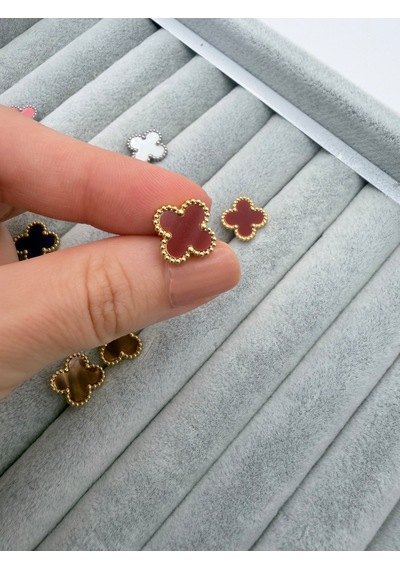 Çelik Yonca Küpe Renkli Mineli Gold Kadın Küpe 1 Cm Minimal Günlük Küpe Bordo