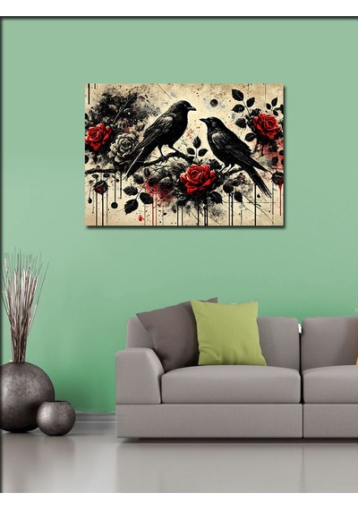 Kanvas Tablo Güller Ve Siyah Kuşlar 70cmx100cm