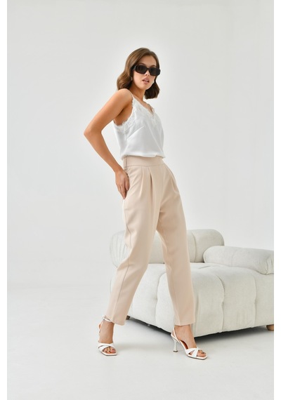 Ftz Women Kadın Lastikli Pleli Dar Paça Pantolon Beige 30744-beige Bej