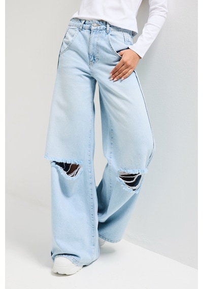 it's basic Kadın Ice 12s6-3 Palazzo Fit Yırtık Detaylı Tasarım Denim Jean Buz Mavi