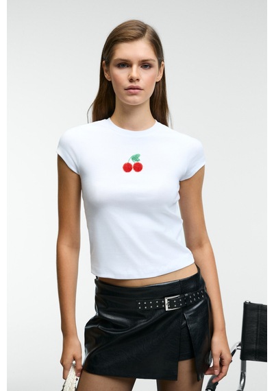 ETHIQUET ZEFIRA Kadın Bisiklet Yaka Kısa Kollu Önü Boncuk İşleme Detaylı Slim Beyaz T-Shirt