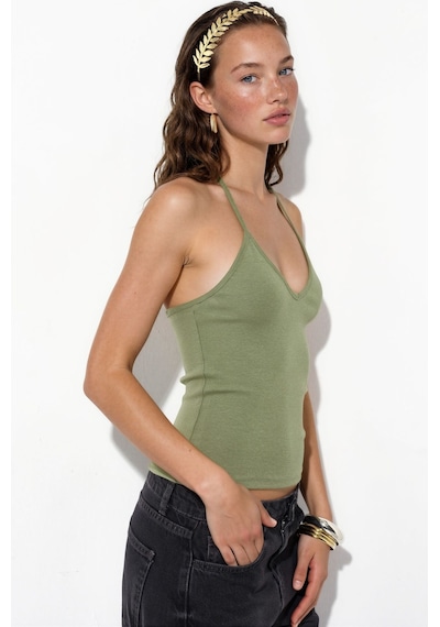 Hiccup Busem Slim Fit Halter Yaka Jarse Bluz Haki Yeşil