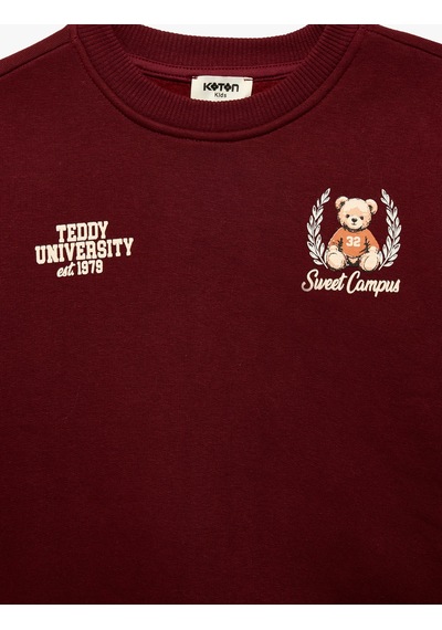 Koton Üç İplik Şardonlu Uzun Kollu Bisiklet Yaka Ayıcık Baskılı Sweatshirt Bordo 7wkg10260ak