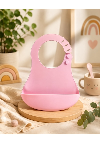 Silikon Mama Önlüğü Su Geçirmez Ayarlanabilir Bebek Önlüğü Bpa İçermeyen Geniş Cepli Beslenme Önlüğü Pembe