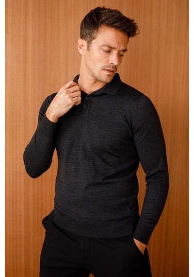 Desen Triko Erkek Basic Polo Yaka İnce Triko Kazak 02421601 Siyah