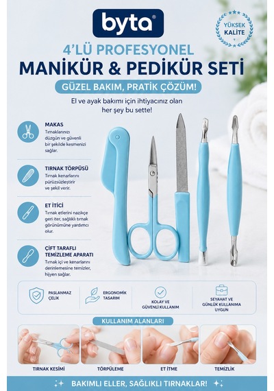 4 Lü Profesyonel Manikür Pedikür Seti Tırnak Makası, Törpü, Et İtici Ve Tırnak Temizleme Aparatı