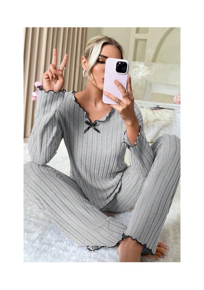 Fantezia Night Kadın Gri Çizgili Uzun Kollu Fiyonk Detaylı Pijama Takımı Rahat Mevsimlik