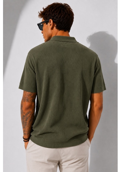 Ribana Erkek Kısa Kollu Fitilli Yarım Düğme Kapama Polo Yaka T-shirt 26001 Haki