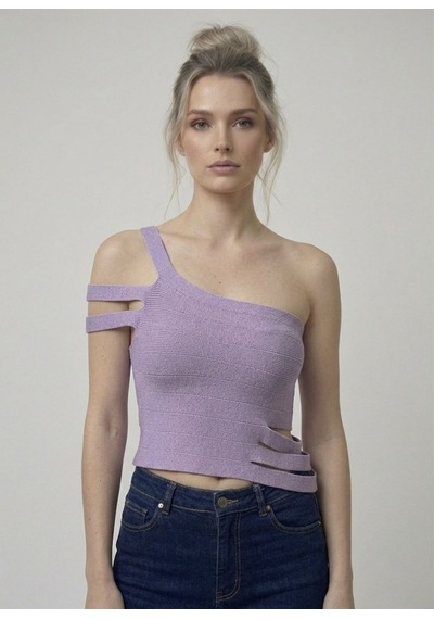 Neden Tekstil Asimetrik Tek Omuz Triko Crop Bluz - Lila