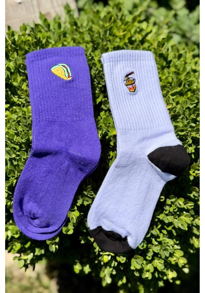 Lousocks Unisex Taco Ve Patates Nakışlı 2'li Tenis Spor Çorap Çok Renkli
