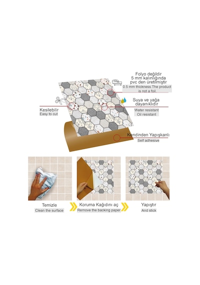 Tink Kendinden Yapışkanlı Zemin Kaplama, Duvar Kaplama Petek Terrazzo Desenli 30x30 Cm 56 Adet 5 M²