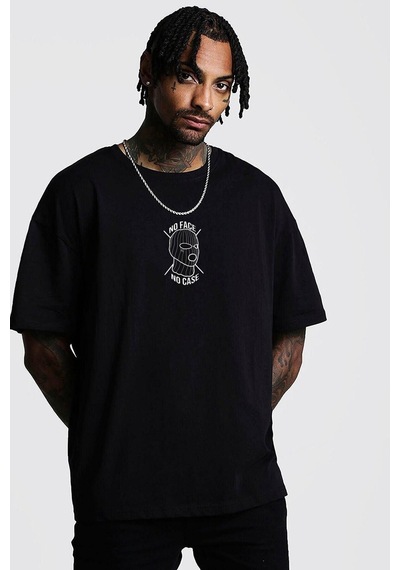 Unisex Siyah Oversize No Case No Face Baskılı Örme T-shirt Siyah