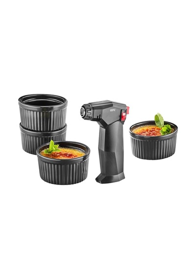 Ayrex Gefu Zuca Crème Brûlée Seti, 5 Parça, Alev Ayarlı Ve Çocuk Emniyetli Gazlı Brülör, 4 Seramik Kase, Ayak