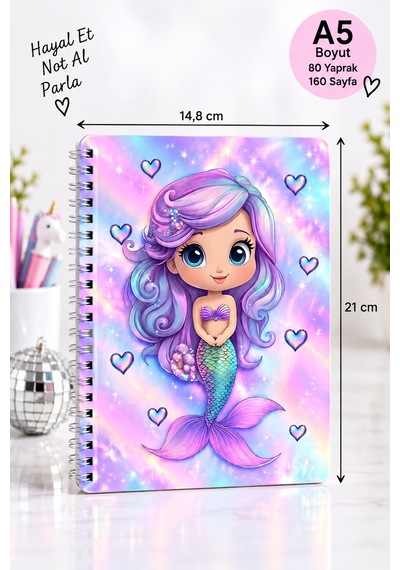 Holografik Deniz Kızı A5 Spiralli Defter 80 Yaprak 160 Sayfa Çizgili Sert Kapak Çok Renkli