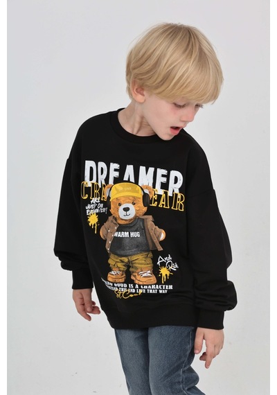 Toontoy Kids Toontoy Erkek Çocuk Dreamer Ayı Baskılı Sweatshirt Siyah