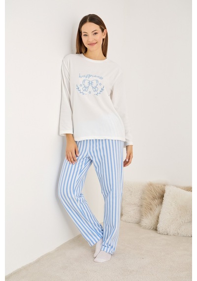 Siyah İnci Polar Kışlık Örme Pijama Takım 25222075 Beyaz - Mavi