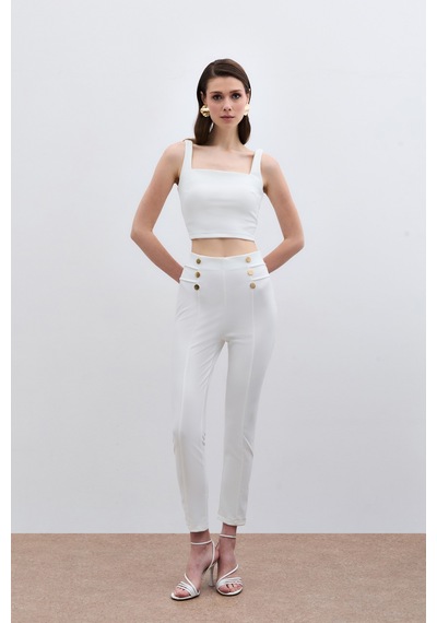 Sateen Düğme Detaylı Pantolon - Ekru-133796 Ekru