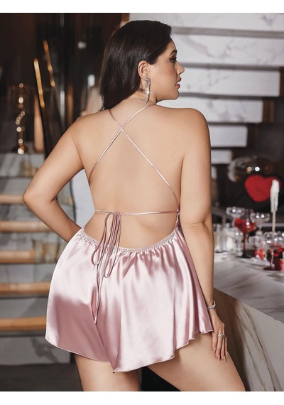Büyük Beden Pudra Arkadan Bağlamalı Tulum Saten Babydoll Gecelik Pudra