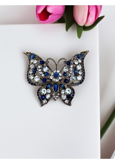 Black Diamond Swarovski Taşlı Kelebek Broş Mavi