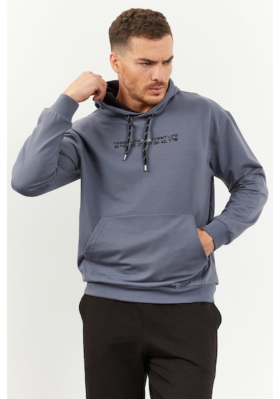 Tommy Life Petrol - Siyah Kapüşonlu Kanguru Cep Lastik Paça Erkek Oversize Eşofman Takımı - 85117 Petrol Mavi