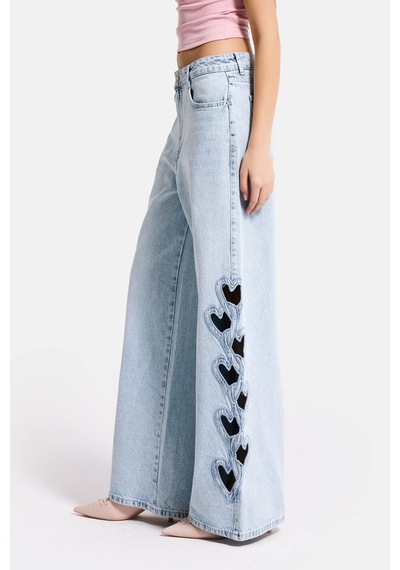Itsbasic Kadın Ice 4s6-3 Süper Baggy Kalp Nakış Detaylı Özel Tasarım Denim Jean Buz Mavi
