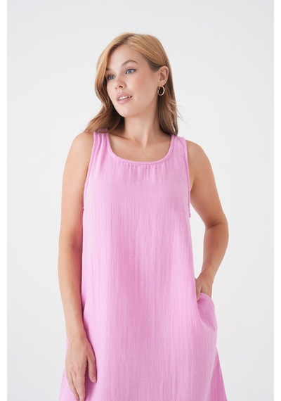 Mg Otantik %100 Pamuk Müslin Kumaş Sıfır Kol Kısa Elbise -mg003 Pembe