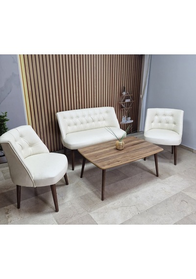 Azra Mobilya Deri Çay Seti Koltuk Takımı + Sehpa - Oturma Grubu - Cafe Mobilya - Ofis Mobilya - Balkon Mobilya Krem