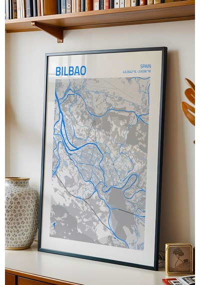 Bilbao İspanya Spain Haritası Çerçeveli Tablo Lüks Salon Ofis Duvar Dekorasyonu Hediyelik Tablo Siyah